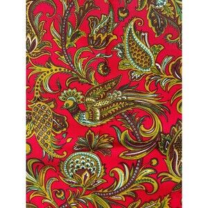 Vintage Tisseflore Cotton Fabric: Red Paisley Peacock Oriental Birds by Yard